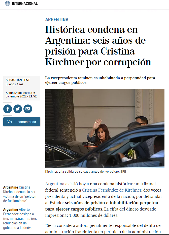 El Mundo reaccionó ante la condena de Cristina Fernández de Kirchner