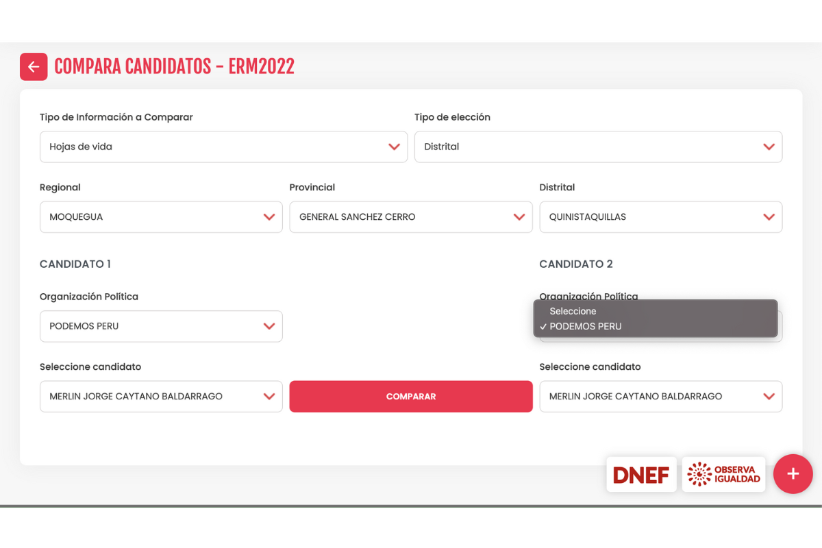 El portal del Jurado Nacional de Elecciones muestra solo un candidato para la alcaldía de Quinistanillas.