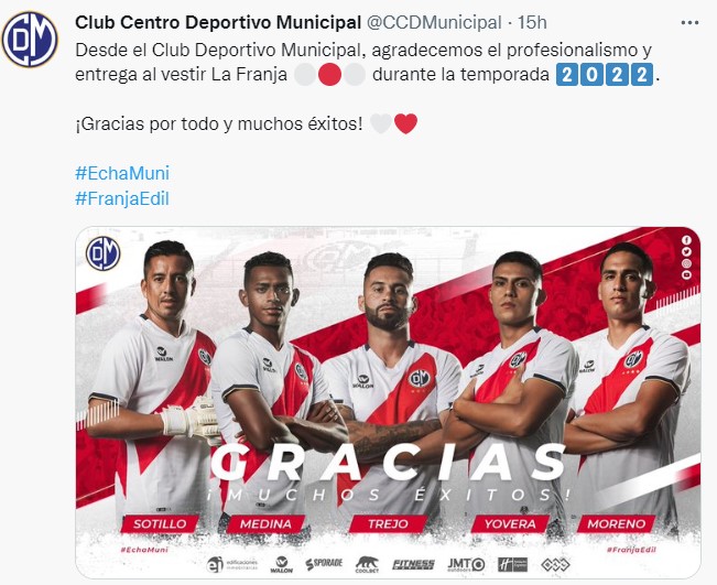 Deportivo Municipal agradeció a sus futbolistas por los servicios prestados (Twitter).