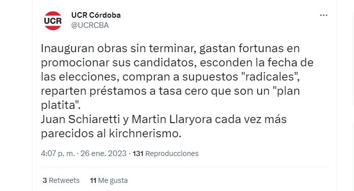 El tuit de la UCR de Córdoba con críticas a Juan Schiaretti

