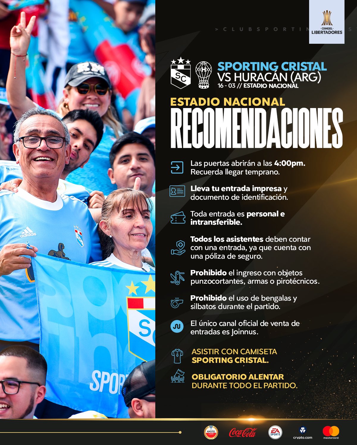 Recomendaciones para el hincha que irá al Estadio Nacional para el Sporting Cristal vs Huracán.