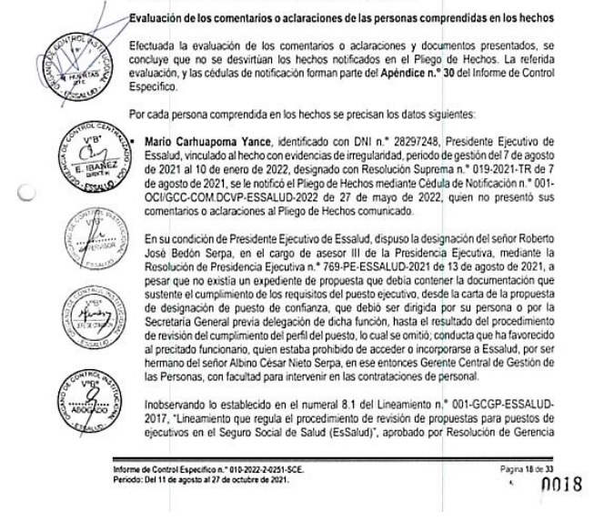 Informe de la Contraloría que revela la responsabilidad penal de Mario Carhuapoma.