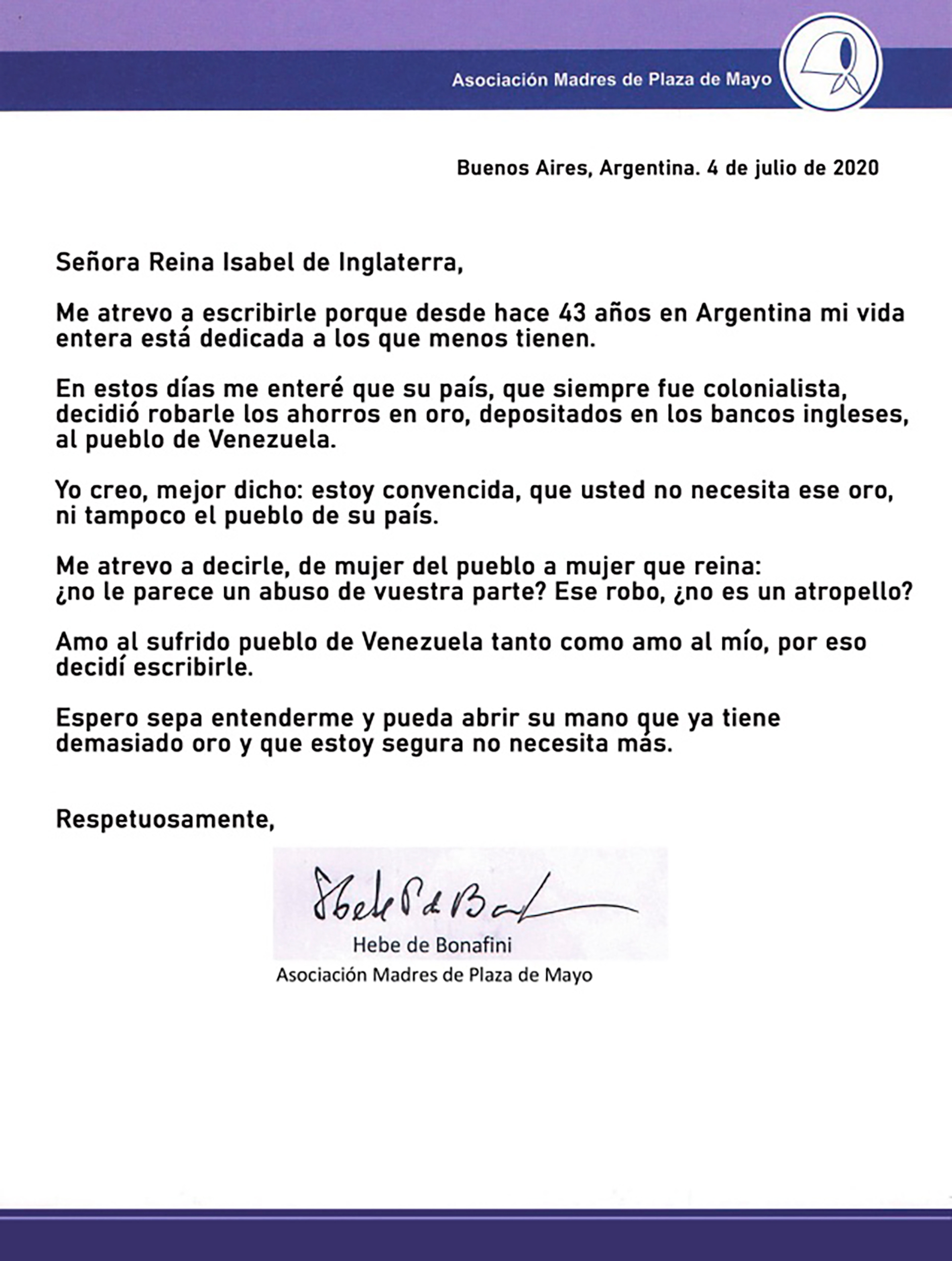 Hebe De Bonafini Le Envio Una Carta A La Reina Isabel Por El Oro De Venezuela Que Esta En Inglaterra Ese Robo No Es Un Atropello Infobae