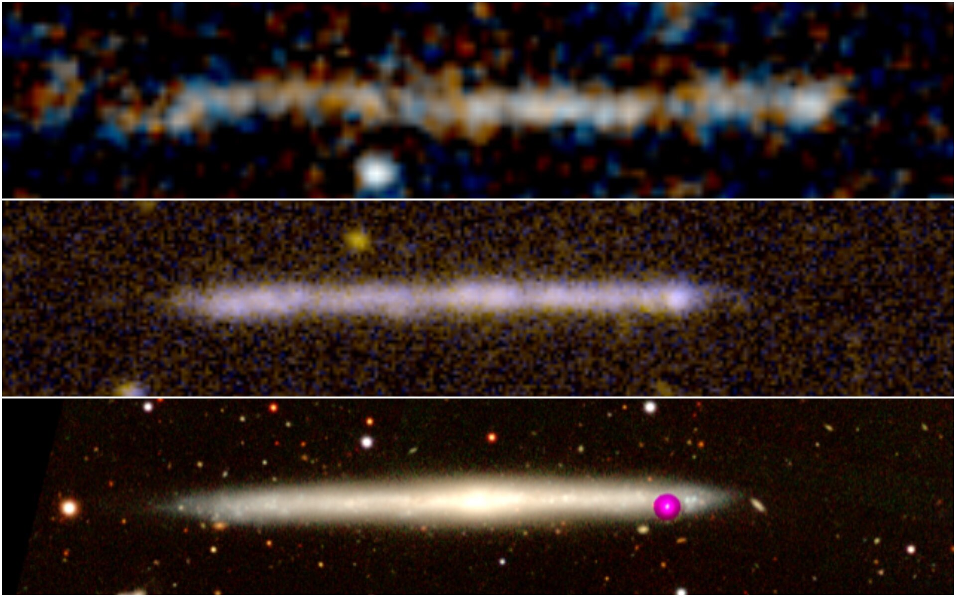 Arriba: Imagen del objeto observado con el Telescopio Espacial Hubble. Muestra la emisión en la parte ultravioleta del espectro. Medio: Imagen ultravioleta de una galaxia local sin protuberancia y observada de canto (IC 5249). Las similitudes son obvias. Abajo: La misma galaxia IC 5249 observada en la parte visible del espectro. Las escalas espaciales de las tres imágenes son idénticas (Crédito: HST)