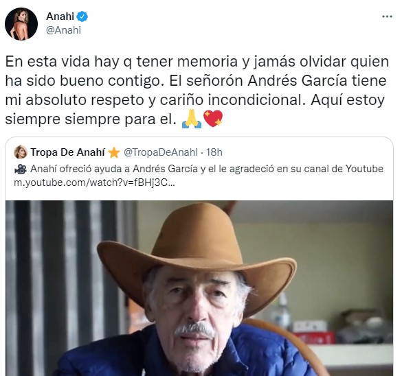 Así les respondió Anahí a Andrés García tras sus palabras de agradecimiento 
(Foto: Twitter)