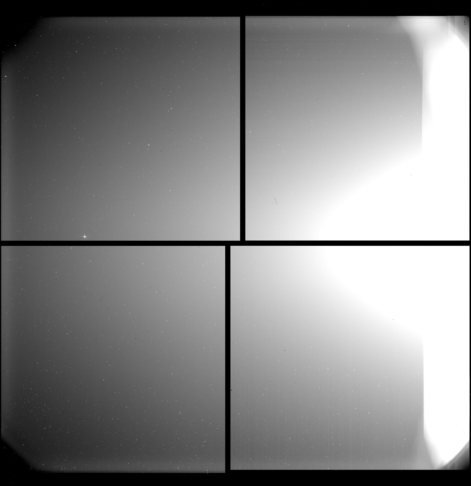 Un mosaico de cuatro imágenes separadas de cuatro detectores distintos, obtenidas por el telescopio Heliospheric Imager (SoloHI) en la nave espacial Solar Orbiter de la ESA. Entonces, el Solar Orbiter estaba a una distancia de 0,5 unidades astronómicas (UA; una UA equivale a la distancia promedio de la Tierra al Sol, unos 150 millones de kilómetros) del Sol (EFE/EPA/SOLAR ORBITER/ EQUIPOOLOHI/ ESA & NASA US LABORATORIO DE INVESTIGACIÓN NAVAL)