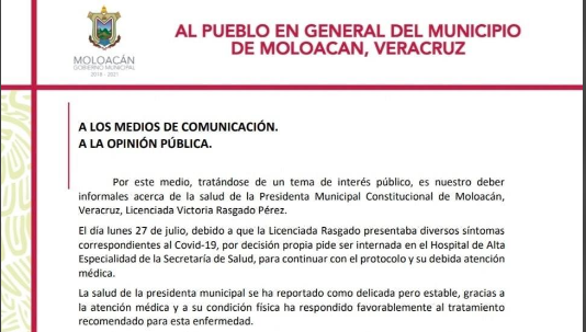 Comunicado publicado por el Ayuntamiento de Moloacán, el pasado 31 de julio