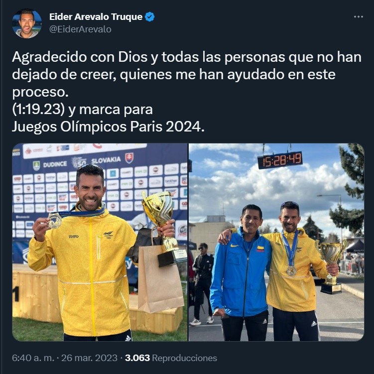 En sus redes sociales, Arévalo confirmó la noticia de su presencia en los Olímpicos (@EiderArevalo/Twitter)