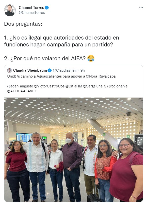 Torres cuestionó a los funcionarios morenistas el por qué no usaron el Aeropuerto Internacional Felipe Ángeles (Foto: Twitter/@ChumelTorres)