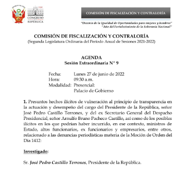 Comisión de Fiscalización tomará declaración de Pedro Castillo en Palacio de Gobierno