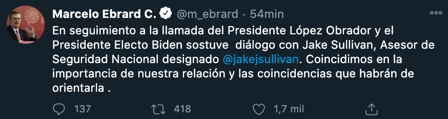 Jake Sullivan y Marcelo Ebrard (Foto: Twitter@m_ebrard)