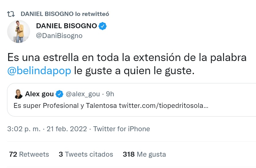Daniel Bisogno volvió a mostrar su respaldo a Belinda
