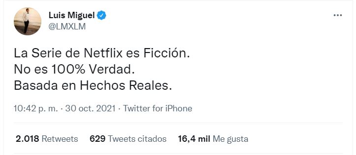 Así fue el mensaje de Luis Miguel sobre la serie (FOTO: Twitter/@LMXLM)