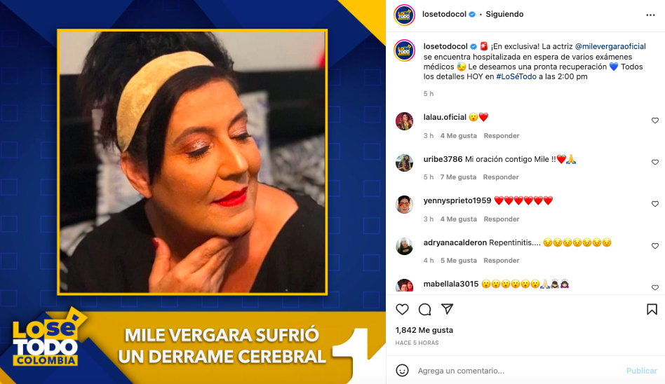 Programa de chismes Lo Sé Todo confirmó que la actriz Mile Vergara sufrió de un derrame cerebral. Tomada de Instagram @losetodocol