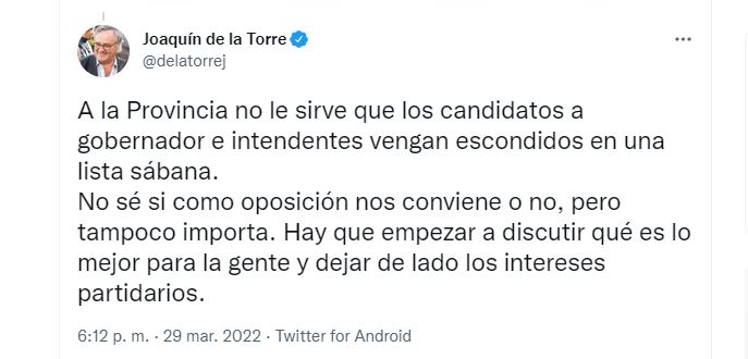 Tuit del senador bonaerense Joaquín de la Torre