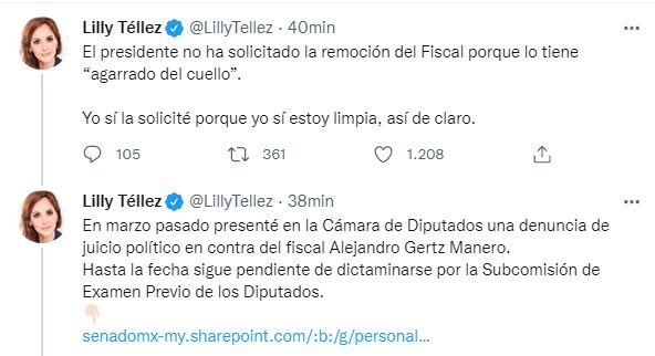 Lilly Téllez recordó que ella sí solicitó la salida de Gertz Manero de la FGR, demostrando, aseguró, “lo limpia que está” (Foto: Twitter/@LillyTellez)