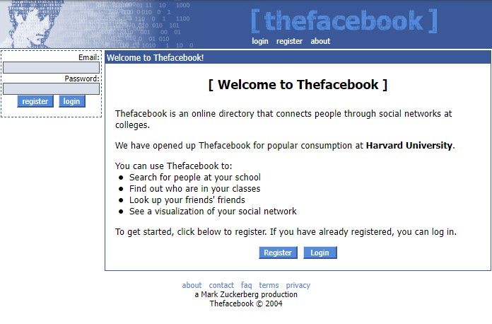 First version of the Facebook website (Capture)