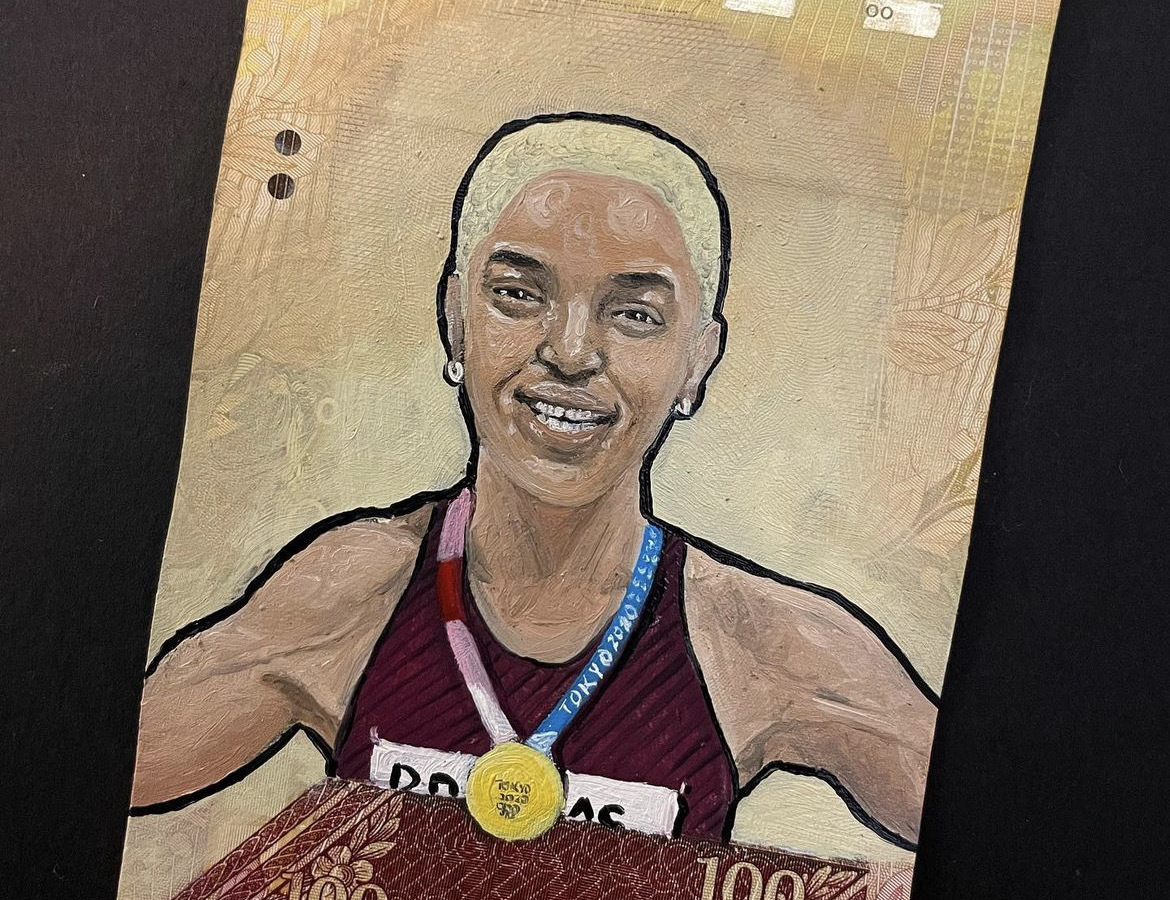 Billete tributo a la campeona olímpica venezolana en triple salto,Yulimar Rojas. (Foto del Instagram de La Chama que pinta billetes)