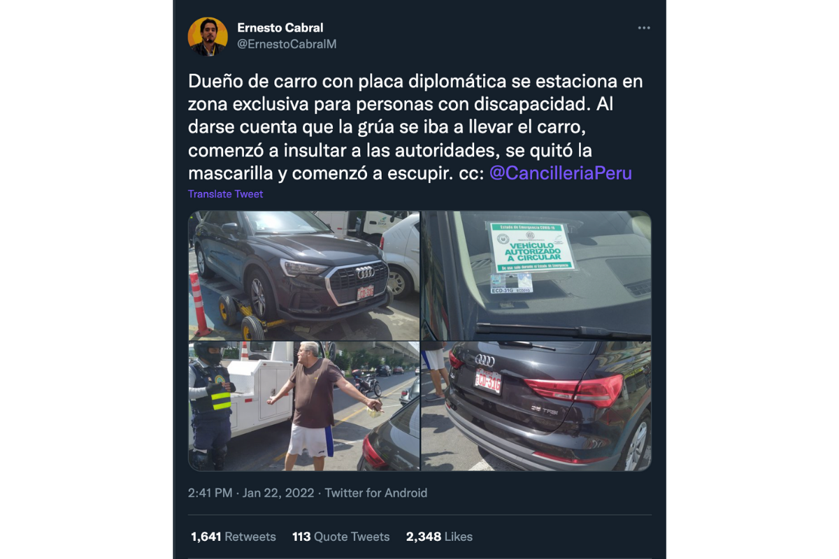 San Borja: embajador de Palestina en Perú es intervenido por estacionar en zona rígida