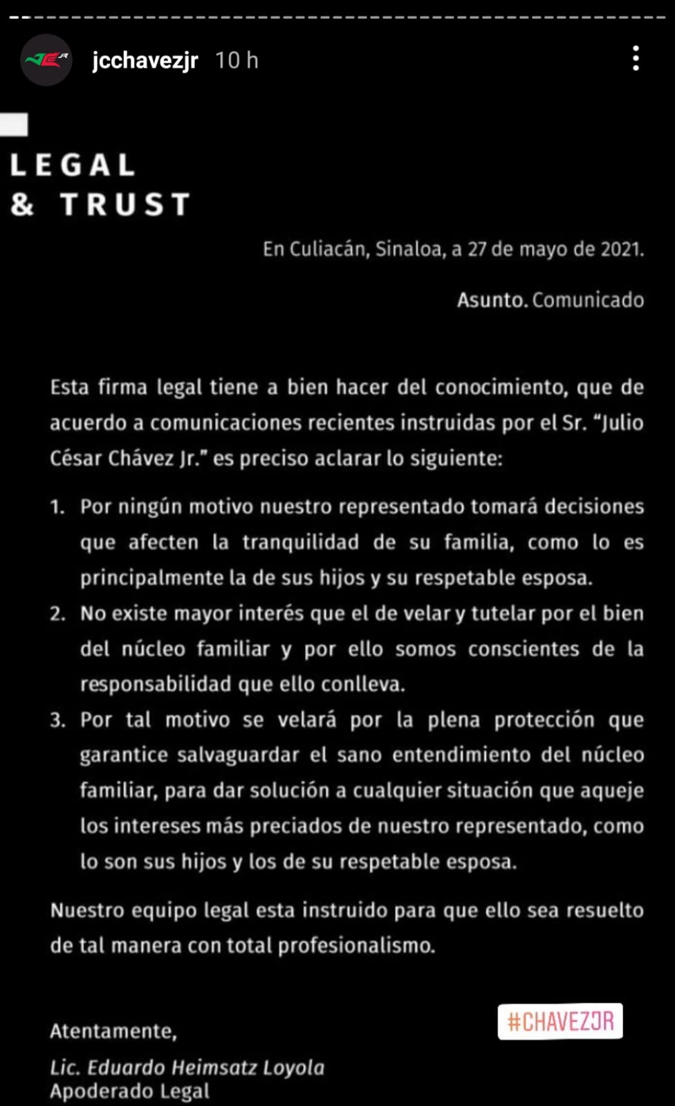 Por medio de una historia de Instagram Chávez Jr comunicó que se detuvo su divorcio con Frida Muñoz (Foto: Instagram / @jcchavezjr)