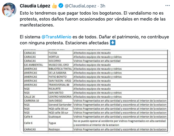 El tweet en el que Claudia López critica a quienes afectaron Transmilenio. Pantallazo Twitter @Claudia López