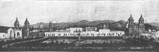 Aspecto de la ciudad de Mendoza, tal como lucía por 1860. Publicado en Historia de la Nación Argentina, de Ricardo Levene.
