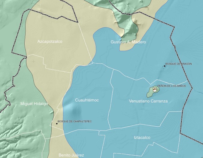 La zona de Lomas (verde) y de transición (amarilla) debería tener menos afecxtaciones que donde fie lago (azul) (Protección Civil CDMX)