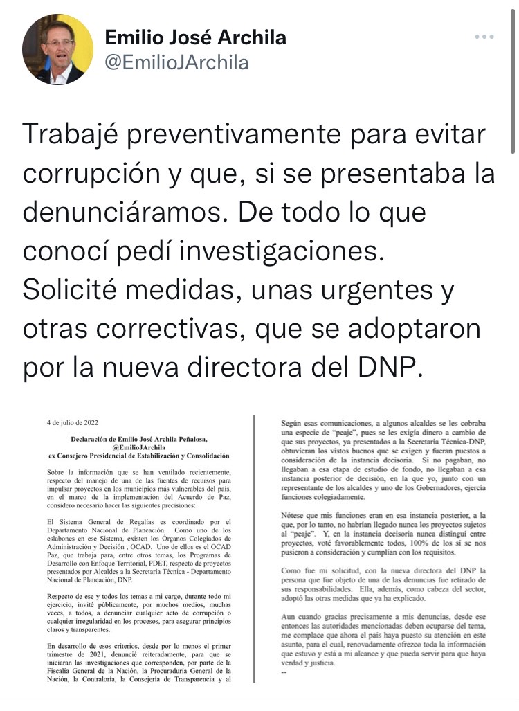 Comunicado de Emilio Archila