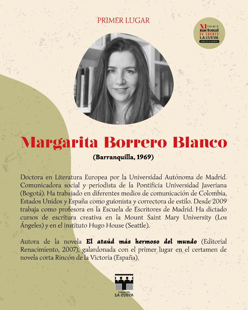 Póster oficial. María Margarita Borrero Blanco, ganadora del primer puesto del XI Premio Nacional de Cuento La Cueva. (Fundación La Cueva).