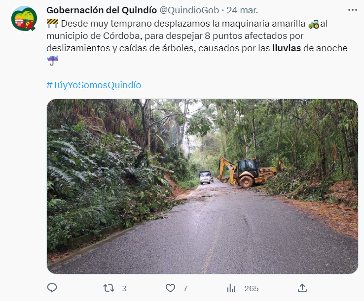 Gobernación de Quindío adelantó trabajos el 24 de marzo por deslizamientos y caída de árboles, a causa de las fuertes lluvias en el departamento.  @QuindioGob. Twitter
