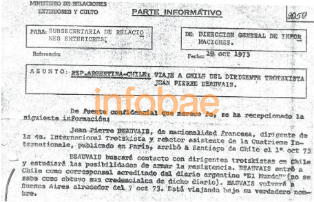 Informe interno de cancillería sobre actividades de jefes trotskistas días antes de la asunción de Perón a la Presidencia de la Nación