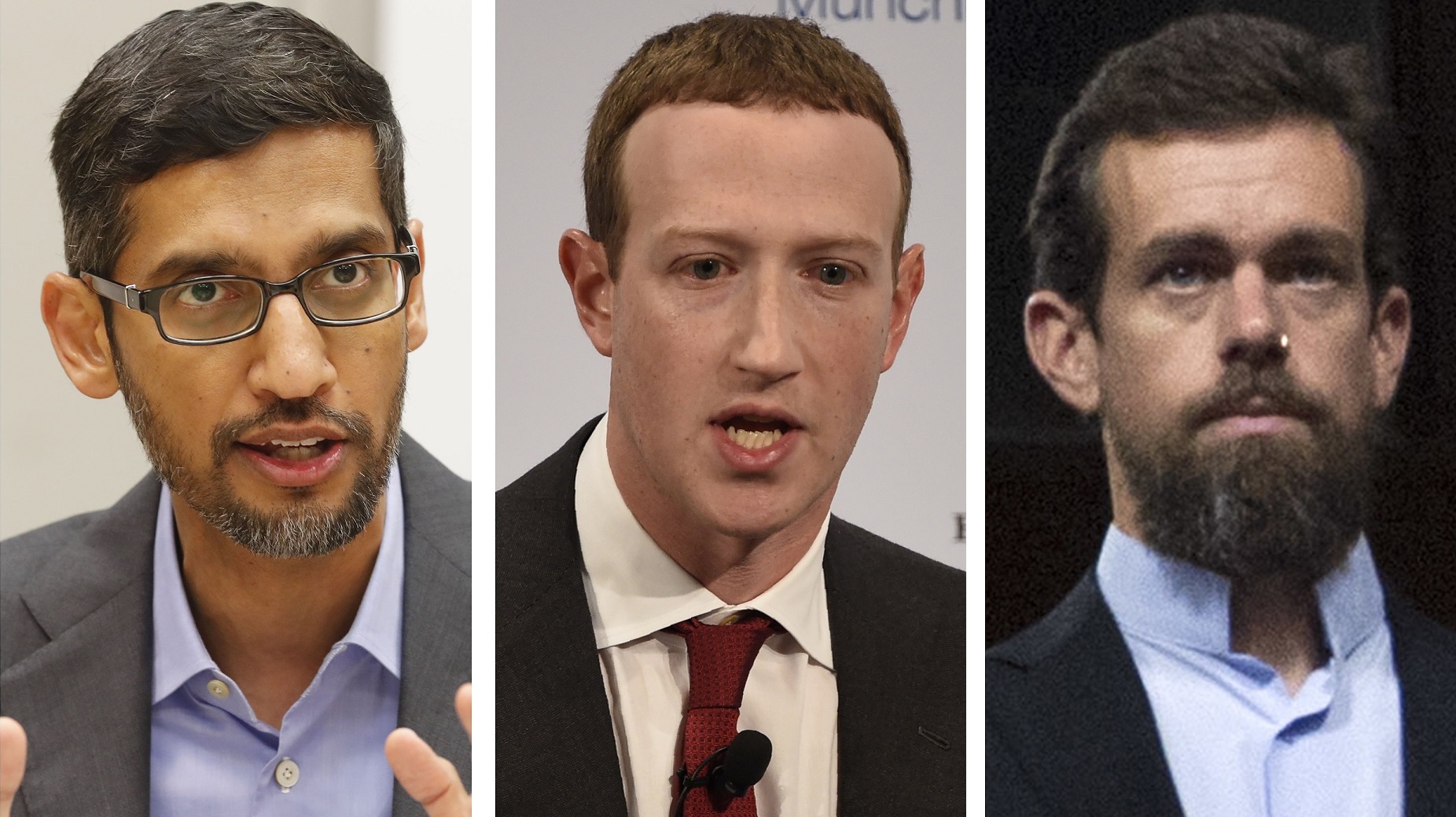 Sundar Pichai, de Google; Mark Zuckerberg, de Facebook, y Jack Dorsey, de Twitter, se cuentan entre los CEOs más poderosos del mundo. (AP Photo/Jose Luis Magana, LM Otero, Jens Meyer)