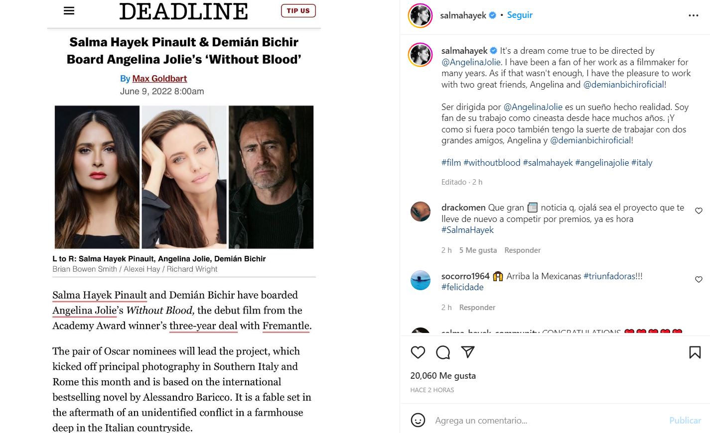 Salma ha condiviso sul suo profilo Instagram la notizia del suo nuovo progetto in Italia con Angelina e Demian (Foto: screenshot/Instagram)