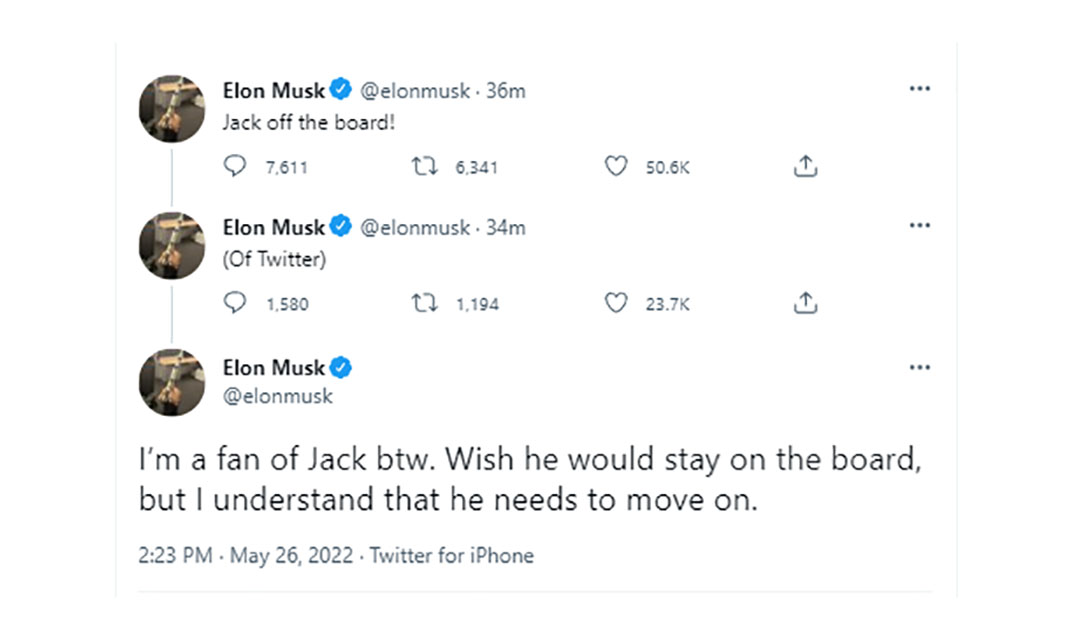 Los tuits de Musk sobre Dorsey