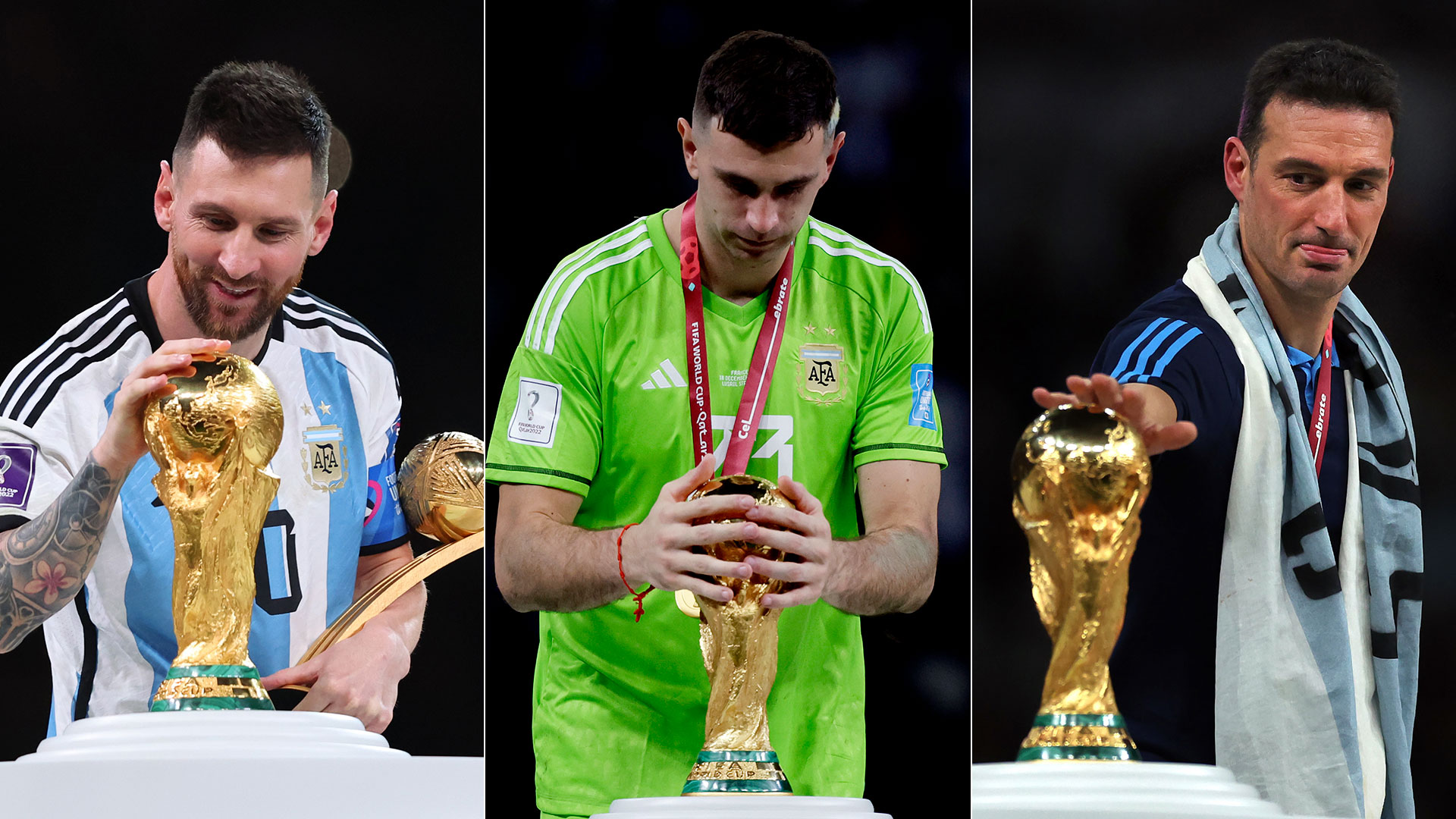 Messi, Dibu Martínez, Scaloni, candidatos a ganar el premio The Best en sus categorías (Gettyimages)