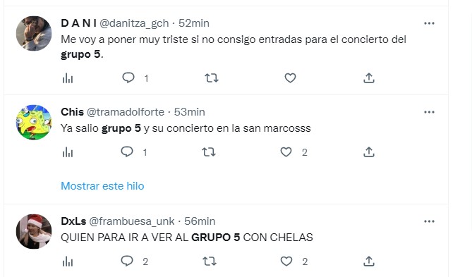 Usuarios reaccionan a anuncio de concierto del Grupo 5. (Twitter)