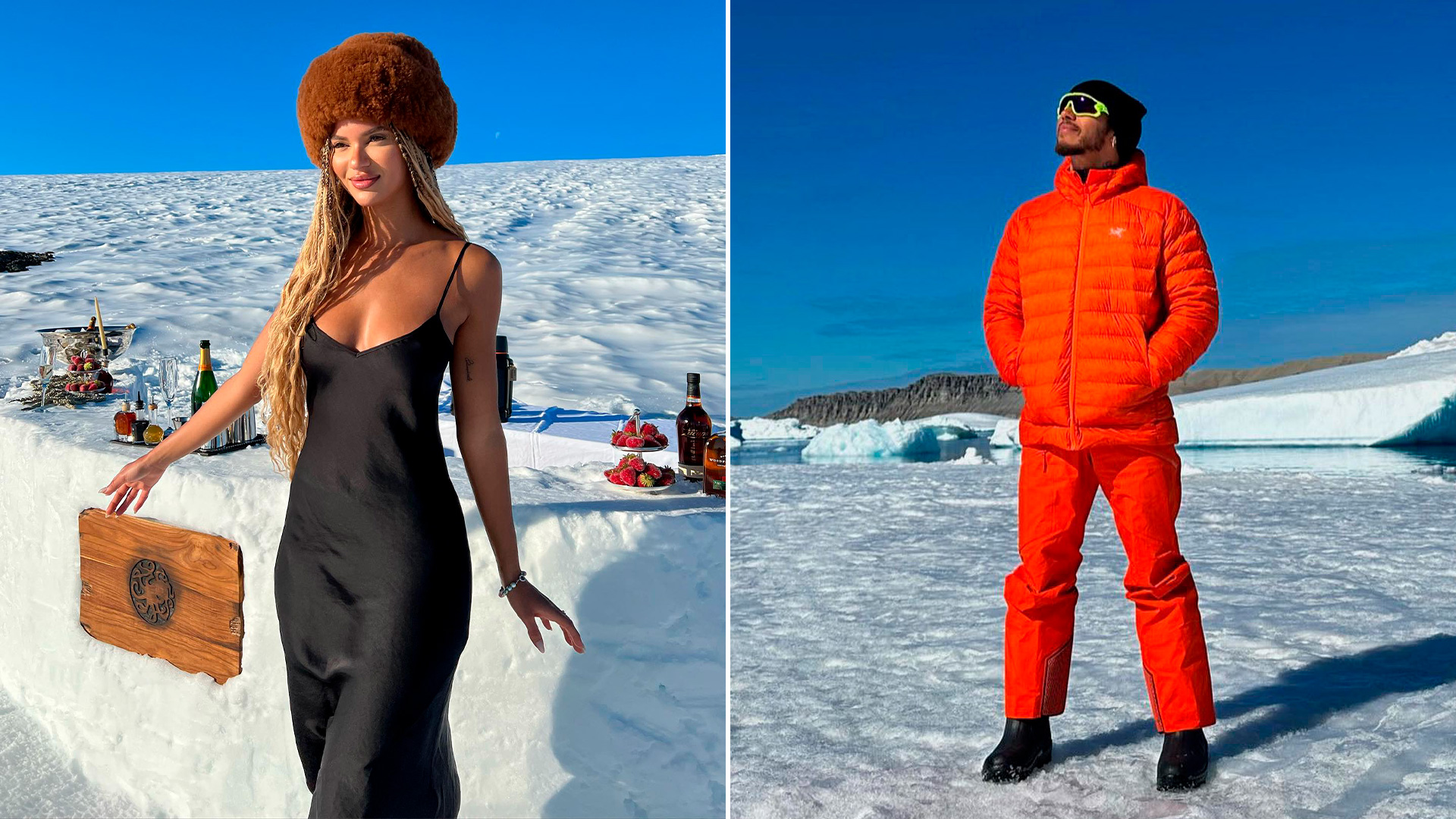Las fotos de Juliana Nalu y Hamilton en la Antártida (@juliananalu y @lewishamilton)