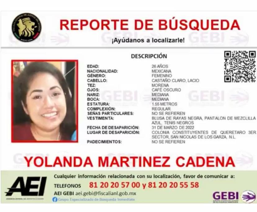 Yolanda Martínez desapareció en el municipio de San Nicolás de los Garza, Nuevo León (Foto: Twitter / @FGE)