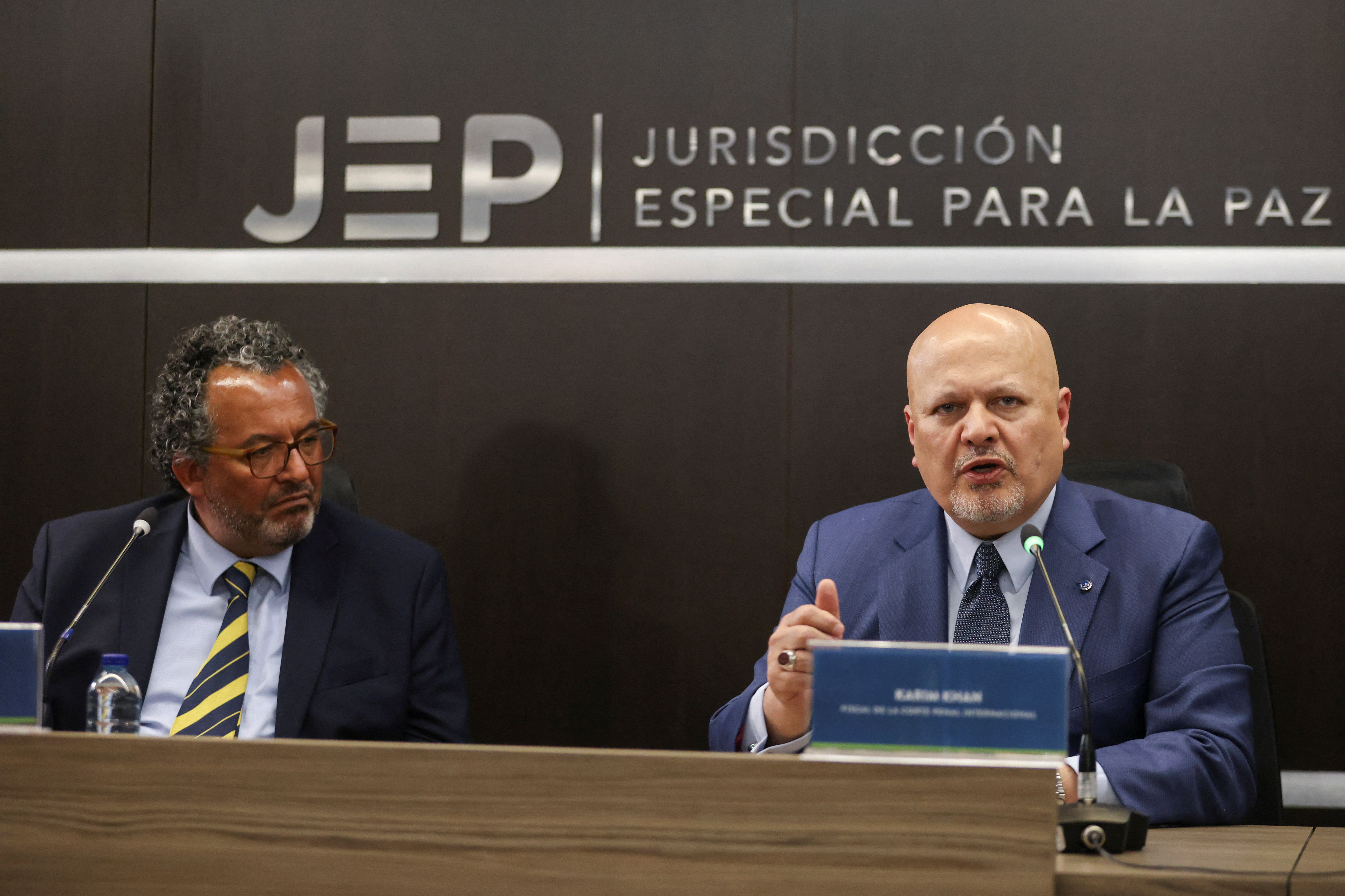 ICC prosecutor Karim Khan speaks during a press conference at the Special Jurisdiction for Peace court as Magistrate Roberto Vidal, President of the Special Jurisdiction for Peace listens, in Bogota, Colombia June 6, 2023. REUTERS/Luisa Gonzalez