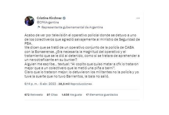Cristina Kirchner habló sobre el operativo que terminó con la detención de uno de los choferes que habría agredido a Sergio Berni