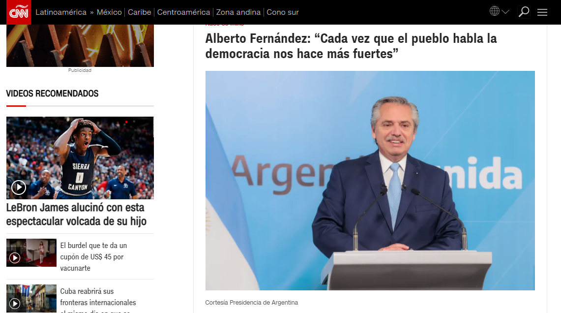 CNN en español muestra en su portada la reacción del presidente de Argentina tras la derrota en as elecciones 