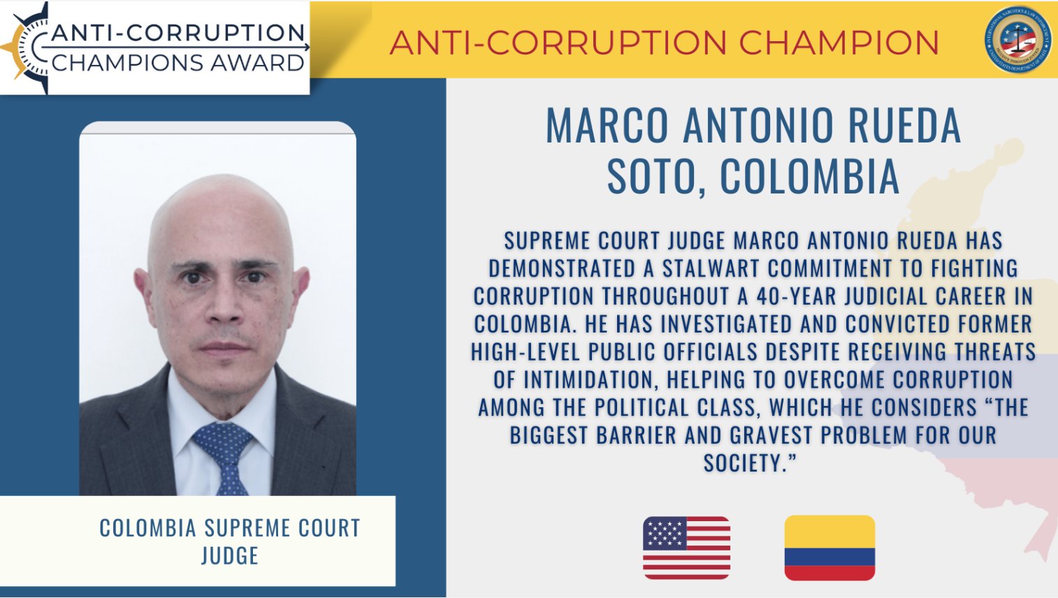 Él es el magistrado de la Corte Suprema de Justicia de Colombia que ganó importante premio anticorrupción en Estados Unidos