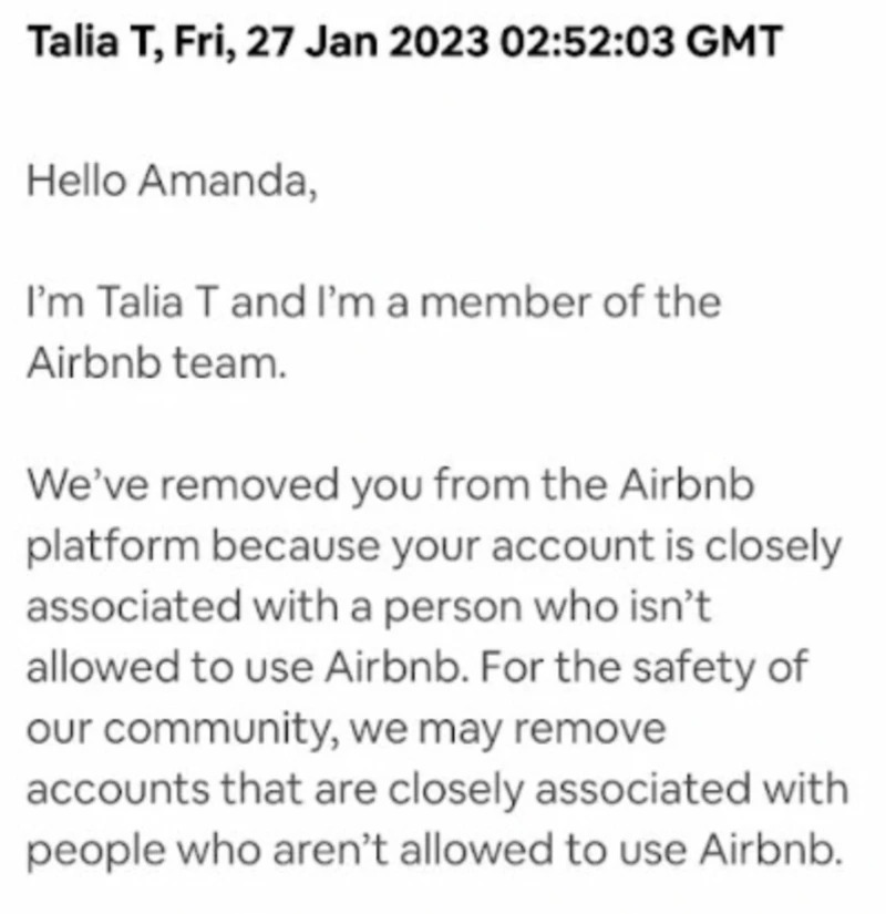 Correo electrónico de Airbnb indica a una persona que no puede permitirle el uso de la aplicación por "tener cercanía" con alguien a quien no se le permite ingresar a la plataforma. (Vice)