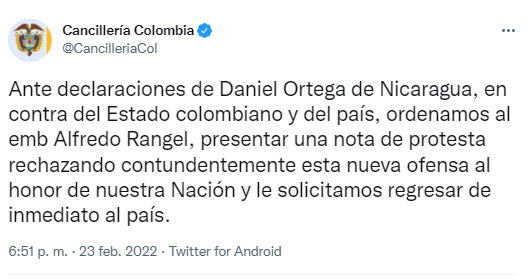 Cancillería de Colombia anuncia el retiro de su embajador de Nicaragua
Foto: Twitter @CancilleriaCol