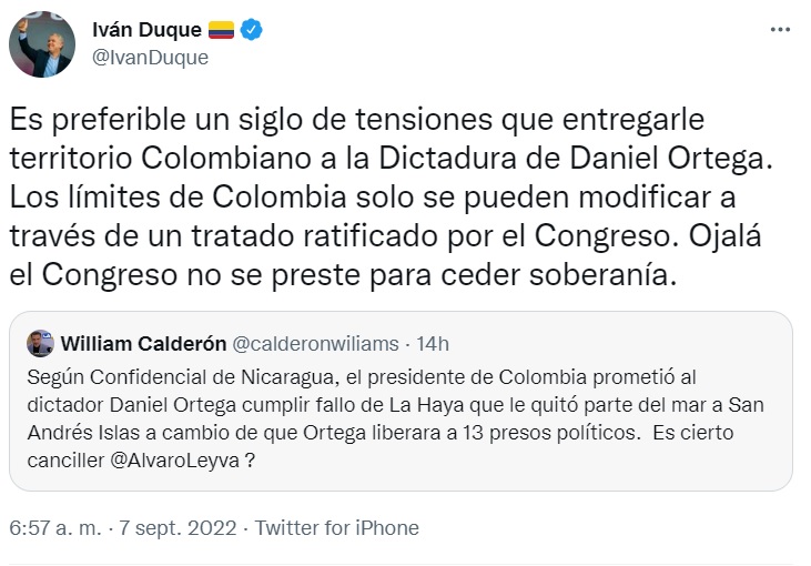 Trino de Iván Duque Márquez sobre fallo de  La Haya a favor de Nicaragua.