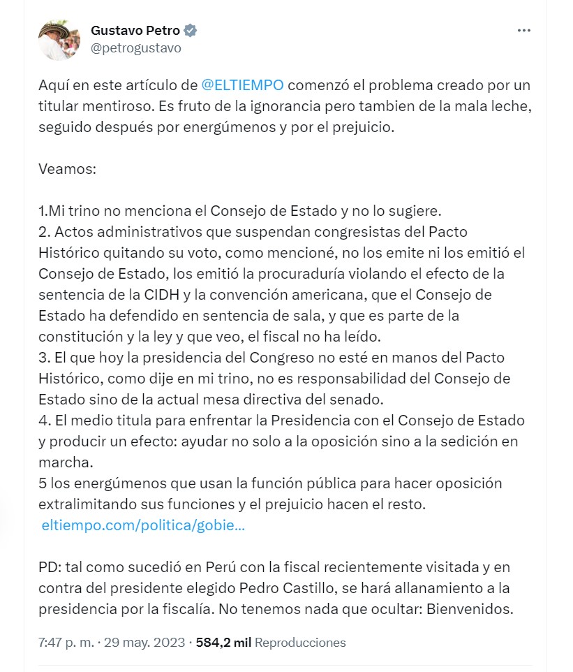 Petro dice que habrá allanamiento en la Casa de Nariño por la Fiscalía. Twitter.