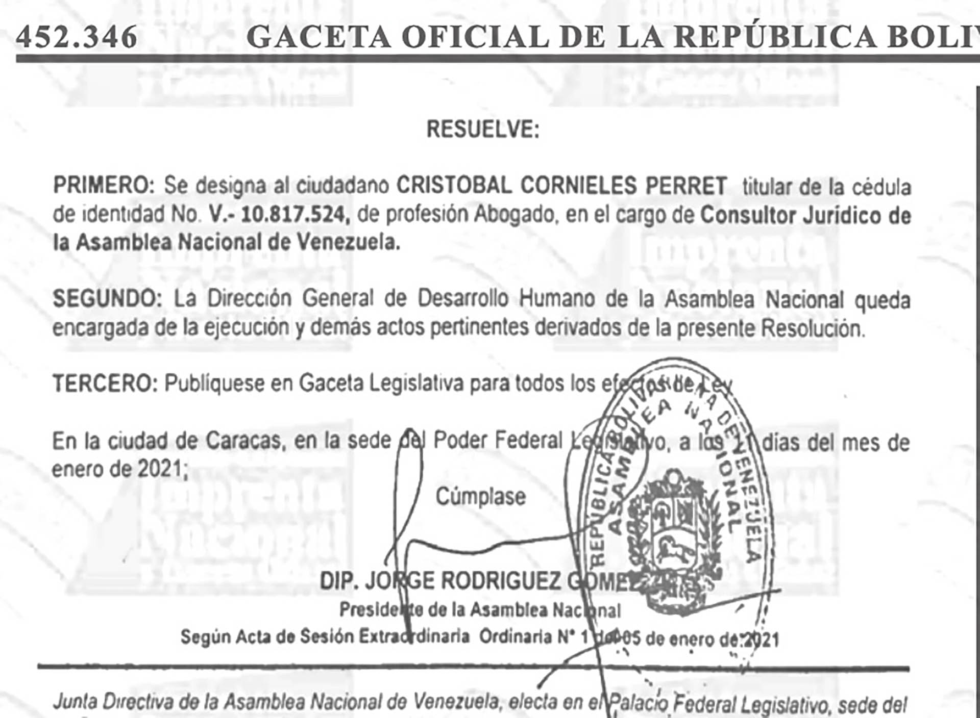 Jorge Rodríguez nombró a Cornieles consultor jurídico de la Asamblea Nacional en enero de 2021