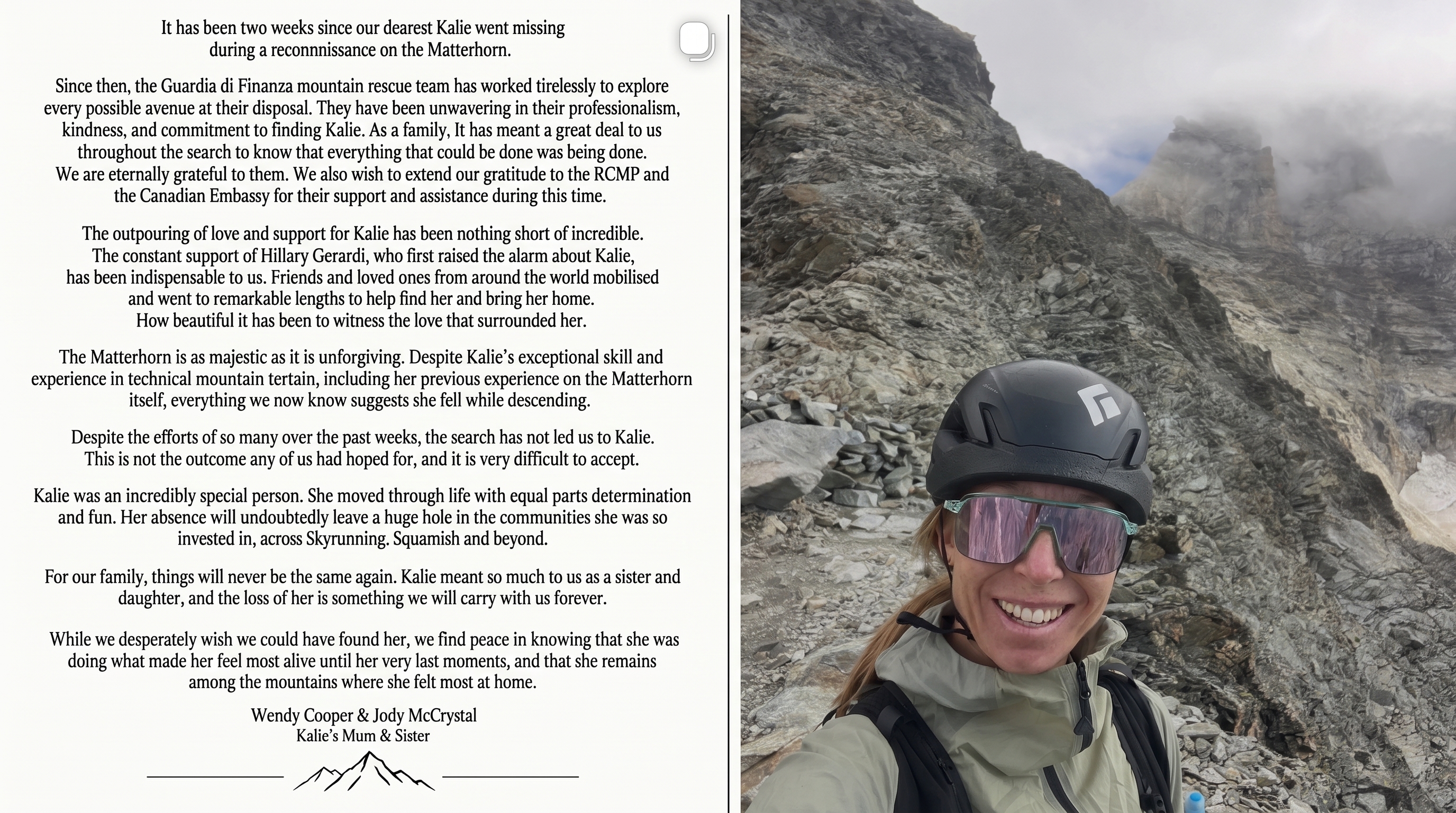 Desgarradora carta de la familia de la atleta que desapareció hace dos semanas en una montaña: "Todo indica que cayó mientras descendía"