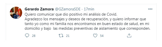 Gerardo Zamora contó que tenía COIVID-19 a través de su cuenta de Twitter (Twitter: @GZamoraSDE)