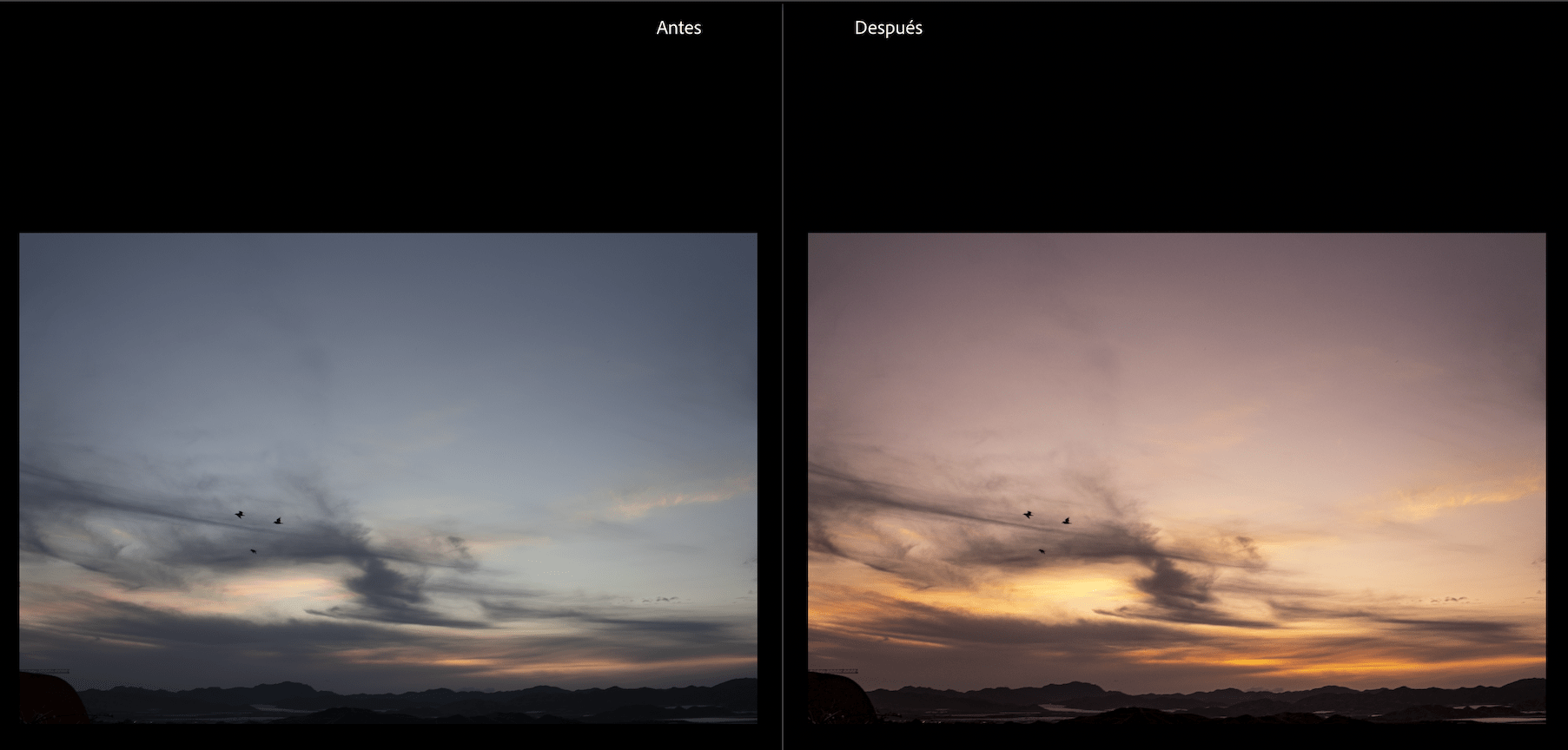 A la izquierda: fotografía de un atardecer tomada sin RAW de un iPhone.

A la derecha: fotografía de un atardecer tomada con RAW de un iPhone.

(foto: Blog del Fotógrafo)